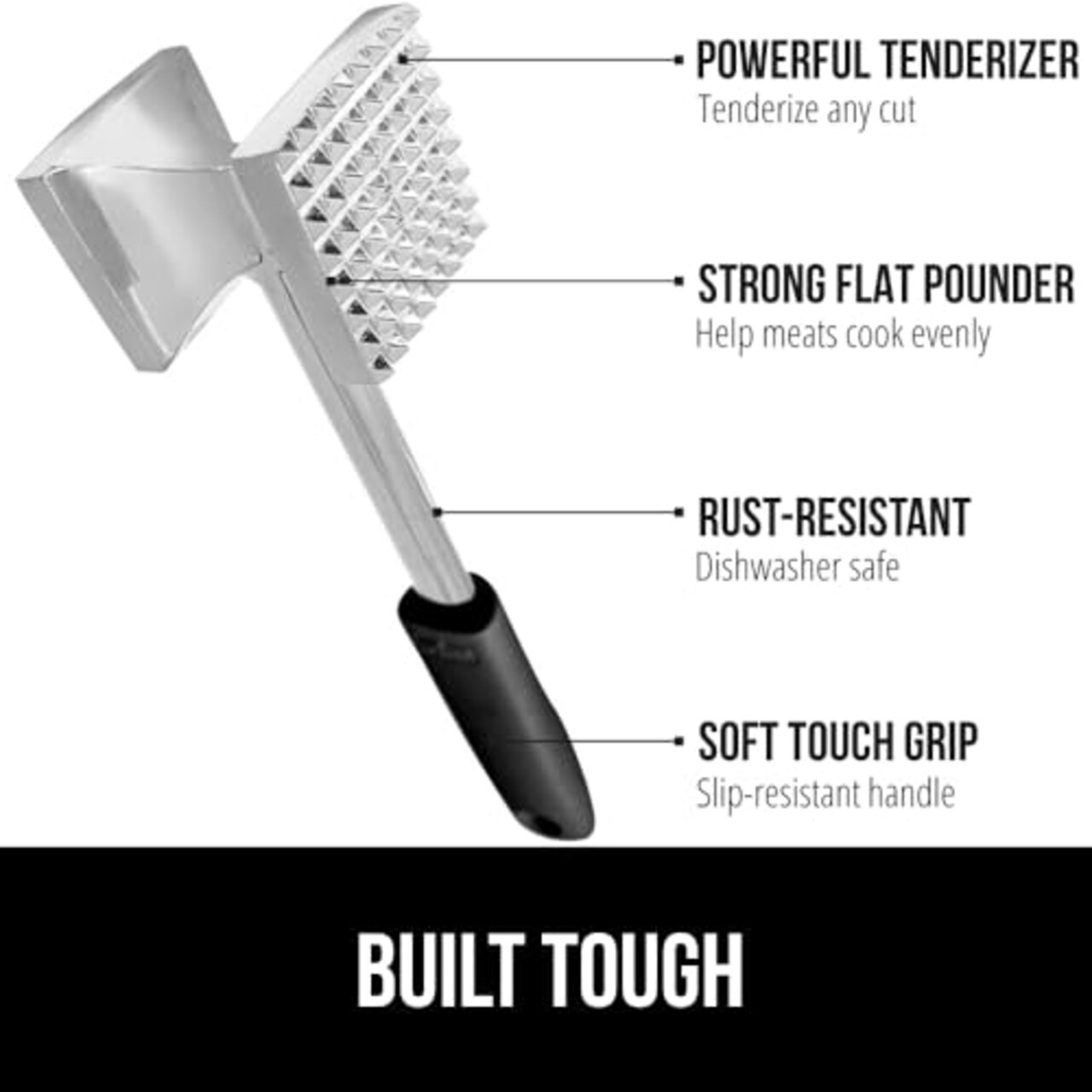 Heavy Duty Meat Tenderizer Hammer, Dual Side Kitchen Mallet, Comfortable Grip Handle, Maximize Food Flavor, Spiked Side Tenderizes, Smooth Flattens Steak, Beef, Commercial Grade, Black